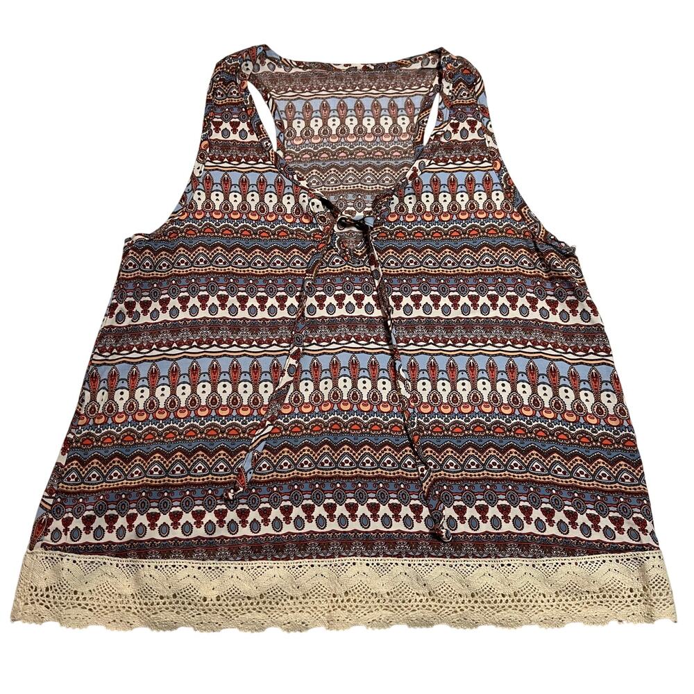 Women's Sleeveless V-Neck Boho Print Tank Size S Festival Indie Summer Casual